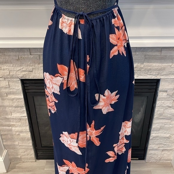 NAVY BLUE PINK FLORAL PLUNGE V NECK CRISSCROSS BACK HIGH SLIT MAXI DRESS Small - Picture 9 of 11